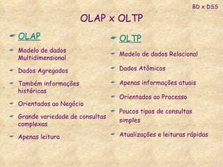 OLAP x OLTP OLTP Modelo de dados Relacional Dados Atômicos Apenas informações atuais Orientados ao Processo Poucos tipos de consultas simples Atualizações e leituras rápidas OLAP Modelo de dados Multidimensional Dados Agregados Também informações históricas Orientados ao Negócio Grande variedade de consultas complexas Apenas leitura BD x DSS 