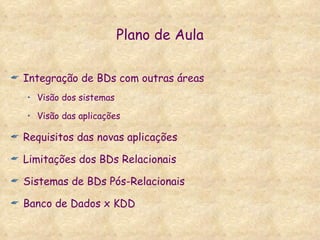 Plano de Aula Integração de BDs com outras áreas Visão dos sistemas Visão das aplicações Requisitos das novas aplicações Limitações dos BDs Relacionais Sistemas de BDs Pós-Relacionais Banco de Dados x KDD 