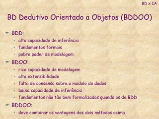 BD Dedutivo Orientado a Objetos (BDDOO) BDD: alta capacidade de inferência fundamentos formais pobre poder de modelagem BDOO: rica capacidade de modelagem alta extensibilidade falta de consenso sobre o modelo de dados baixa capacidade de inferência fundamentos não tão bem formalizados quando os de BDD BDDOO: deve combinar as vantagens dos dois métodos acima BD x IA 