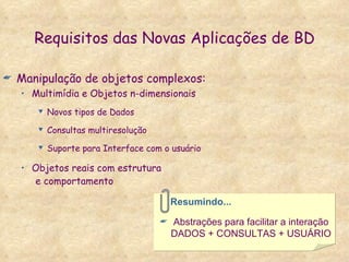 Requisitos das Novas Aplicações de BD Manipulação de objetos complexos: Multimídia e Objetos n-dimensionais Novos tipos de Dados Consultas multiresolução Suporte para Interface com o usuário Objetos reais com estrutura  e comportamento Resumindo... Abstrações para facilitar a interação DADOS + CONSULTAS + USUÁRIO 