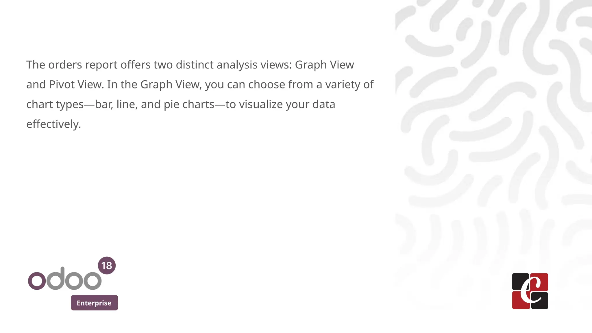 Enterprise
The orders report offers two distinct analysis views: Graph View
and Pivot View. In the Graph View, you can choose from a variety of
chart types—bar, line, and pie charts—to visualize your data
effectively.
 