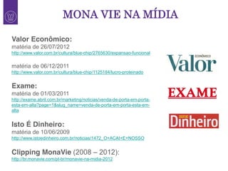 1
MONA VIE NA MÍDIA
Exame:
matéria de 01/03/2011
http://exame.abril.com.br/marketing/noticias/venda-de-porta-em-porta-
esta-em-alta?page=1&slug_name=venda-de-porta-em-porta-esta-em-
alta
Isto É Dinheiro:
matéria de 10/06/2009
http://www.istoedinheiro.com.br/noticias/1472_O+ACAI+E+NOSSO
Clipping MonaVie (2008 – 2012):
http://br.monavie.com/pt-br/monavie-na-midia-2012
Valor Econômico:
matéria de 26/07/2012
http://www.valor.com.br/cultura/blue-chip/2765630/expansao-funcional
matéria de 06/12/2011
http://www.valor.com.br/cultura/blue-chip/1125184/lucro-proteinado
 