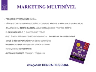 - PEQUENO INVESTIMENTO INICIAL
- TRABALHO EM TEMPO PARCIAL. ADMINISTRAÇÃO DO PRÓPRIO TEMPO
- NÃO TEM CHEFE NEM FUNCIONÁRIOS. APENAS AMIGOS E PARCEIROS DE NEGÓCIO
- O SEU SUCESSO É O SUCESSO DE TODOS
- VOCÊ É RECOMPENSADO POR SEUS ESFORÇOS
- NÃO É NECESSÁRIO CONHECIMENTO INICIAL. EVENTOS E TREINAMENTOS
CRIAÇÃO DE RENDA RESIDUAL
MARKETING MULTINÍVEL
- DESENVOLVIMENTO PESSOAL E PROFISSIONAL
- RECONHECIMENTO PELO SEU TRABALHO
- CRIAÇÃO DE NETWORKING
 