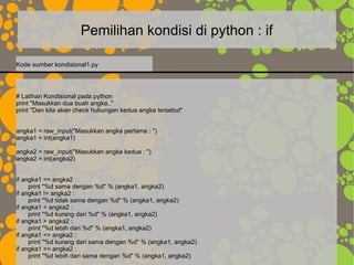 Pemilihan kondisi di python : if
# Latihan Kondisional pada python
print "Masukkan dua buah angka.."
print "Dan kita akan check hubungan kedua angka tersebut"
angka1 = raw_input("Masukkan angka pertama : ")
angka1 = int(angka1)
angka2 = raw_input("Masukkan angka kedua : ")
angka2 = int(angka2)
if angka1 == angka2 :
print "%d sama dengan %d" % (angka1, angka2)
if angka1 != angka2 :
print "%d tidak sama dengan %d" % (angka1, angka2)
if angka1 < angka2 :
print "%d kurang dari %d" % (angka1, angka2)
if angka1 > angka2 :
print "%d lebih dari %d" % (angka1, angka2)
if angka1 <= angka2 :
print "%d kurang dari sama dengan %d" % (angka1, angka2)
if angka1 >= angka2 :
print "%d lebih dari sama dengan %d" % (angka1, angka2)
Kode sumber kondisional1.py
 
