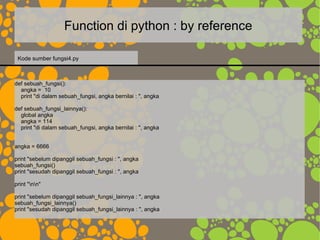 Function di python : by reference
def sebuah_fungsi():
angka = 10
print "di dalam sebuah_fungsi, angka bernilai : ", angka
def sebuah_fungsi_lainnya():
global angka
angka = 114
print "di dalam sebuah_fungsi, angka bernilai : ", angka
angka = 6666
print "sebelum dipanggil sebuah_fungsi : ", angka
sebuah_fungsi()
print "sesudah dipanggil sebuah_fungsi : ", angka
print "nn"
print "sebelum dipanggil sebuah_fungsi_lainnya : ", angka
sebuah_fungsi_lainnya()
print "sesudah dipanggil sebuah_fungsi_lainnya : ", angka
Kode sumber fungsi4.py
 