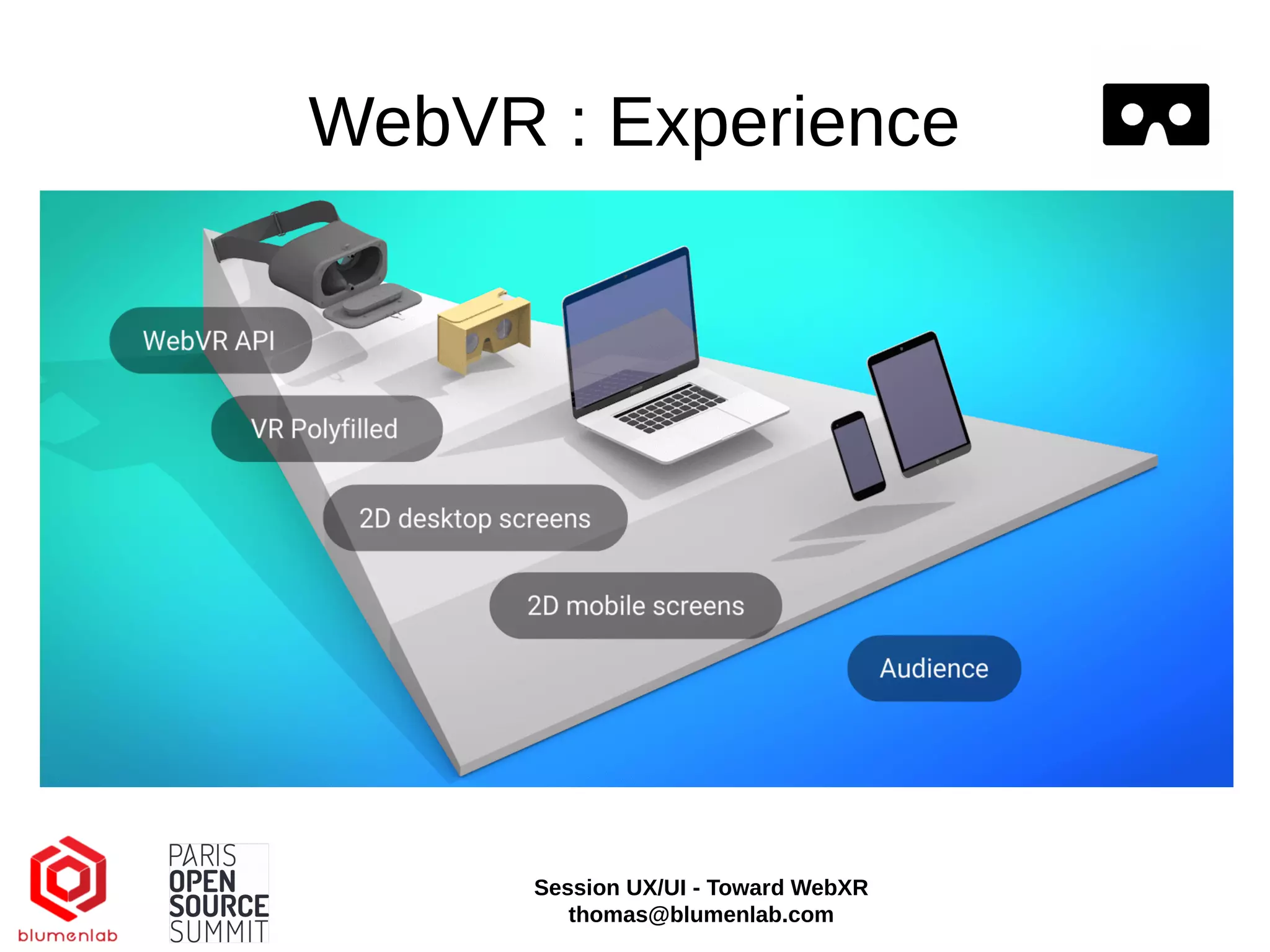 WebVR : Experience
Session UX/UI - Toward WebXR
thomas@blumenlab.com
 