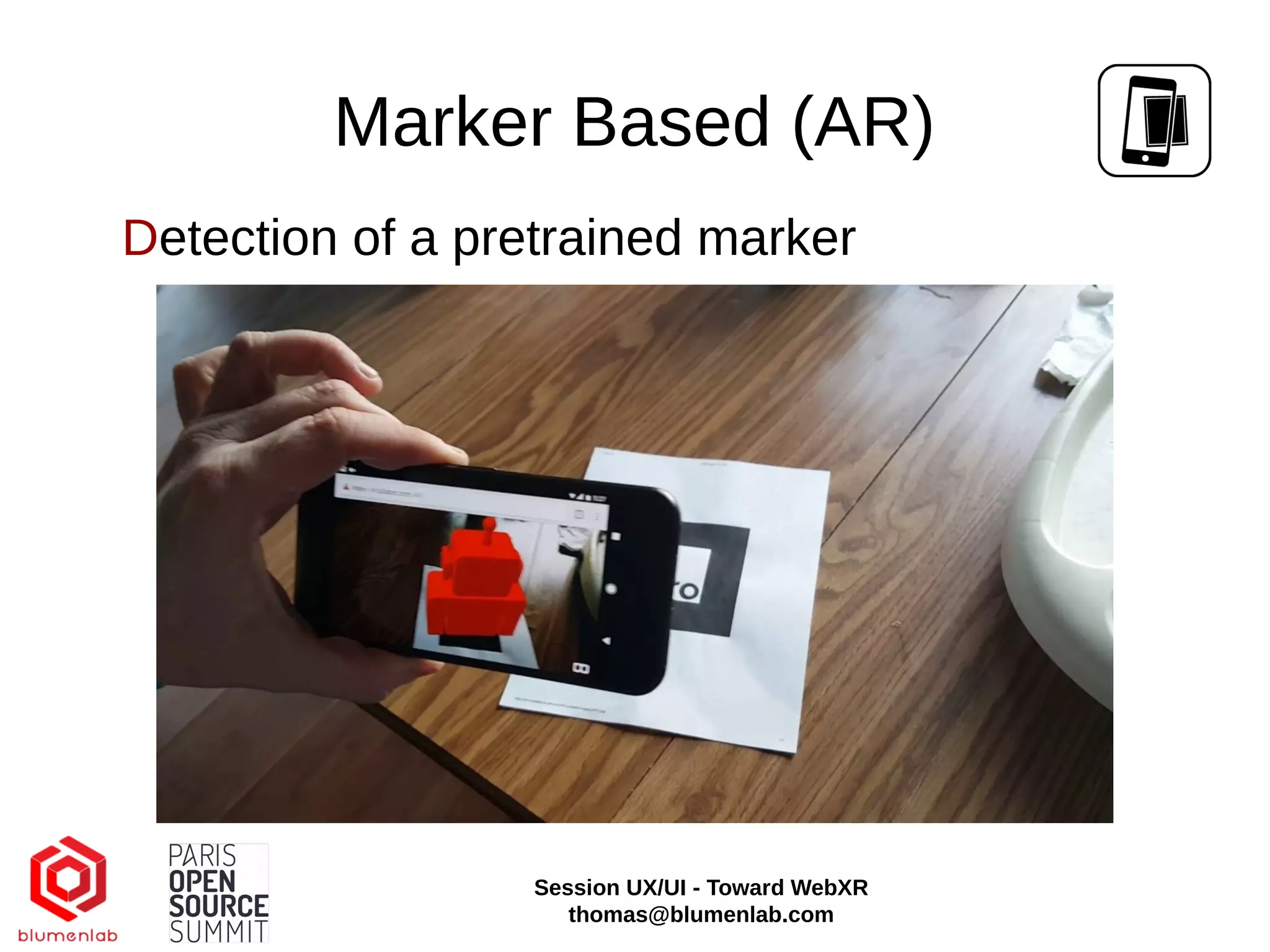 Marker Based (AR)
Detection of a pretrained marker
Session UX/UI - Toward WebXR
thomas@blumenlab.com
 