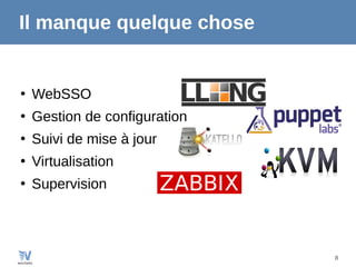 8
Il manque quelque chose
●
WebSSO
●
Gestion de configuration
●
Suivi de mise à jour
●
Virtualisation
●
Supervision
 