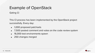 POSS 2015
Example of OpenStack
10
Gating CI
This CI process has been implemented by the OpenStack project
successfully. Every day:
● 1,000 proposed patchsets
● 7,500 posted comment and votes on the code review system
● 16,000 test environments spawn
● 250 changes merged
 