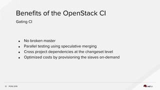 POSS 2015
Benefits of the OpenStack CI
12
Gating CI
● No broken master
● Parallel testing using speculative merging
● Cross project dependencies at the changeset level
● Optimized costs by provisioning the slaves on-demand
 