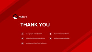 THANK YOU
plus.google.com/+RedHat
linkedin.com/company/red-hat
youtube.com/user/RedHatVideos
facebook.com/redhatinc
twitter.com/RedHatNews
 