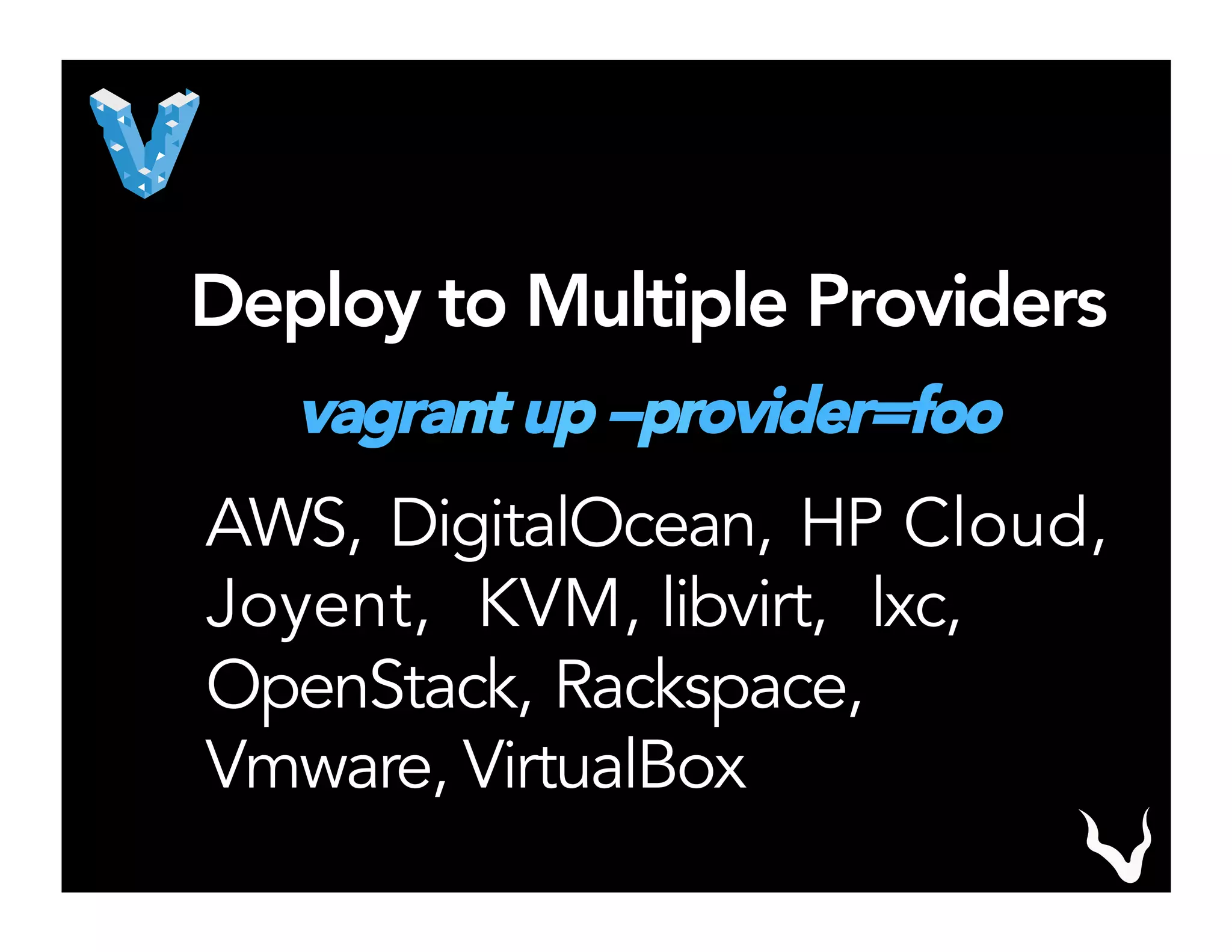 Deploy to Multiple Providers
vagrant up --provider=foo
AWS, DigitalOcean, HP Cloud,
Joyent, KVM, libvirt, lxc,
OpenStack, Rackspace,
Vmware, VirtualBox
 