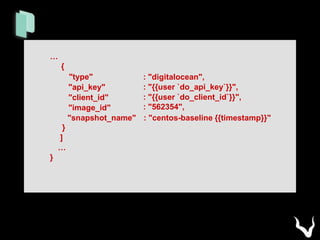 …
{
"type"
"api_key"
"client_id"
"image_id"
: "digitalocean",
: "{{user `do_api_key`}}",
: "{{user `do_client_id`}}",
: "562354",
"snapshot_name" : "centos-baseline {{timestamp}}"
}
]
…
}
 