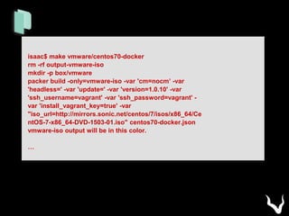isaac$ make vmware/centos70-docker
rm -rf output-vmware-iso
mkdir -p box/vmware
packer build -only=vmware-iso -var 'cm=nocm’ -var
'headless=' -var 'update=' -var 'version=1.0.10' -var
'ssh_username=vagrant' -var 'ssh_password=vagrant' -
var 'install_vagrant_key=true' -var
"iso_url=http://mirrors.sonic.net/centos/7/isos/x86_64/Ce
ntOS-7-x86_64-DVD-1503-01.iso" centos70-docker.json
vmware-iso output will be in this color.
…
 