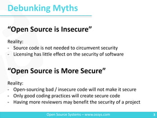 Debunking Myths
3Open Source Systems – www.ossys.com
“Open Source is Insecure”
Reality:
- Source code is not needed to circumvent security
- Licensing has little effect on the security of software
“Open Source is More Secure”
Reality:
- Open-sourcing bad / insecure code will not make it secure
- Only good coding practices will create secure code
- Having more reviewers may benefit the security of a project
 