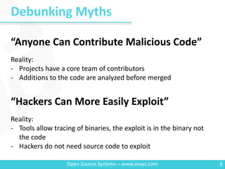 Debunking Myths
3Open Source Systems – www.ossys.com
“Anyone Can Contribute Malicious Code”
Reality:
- Projects have a core team of contributors
- Additions to the code are analyzed before merged
“Hackers Can More Easily Exploit”
Reality:
- Tools allow tracing of binaries, the exploit is in the binary not
the code
- Hackers do not need source code to exploit
 