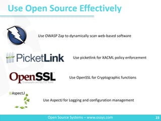 Use Open Source Effectively
23Open Source Systems – www.ossys.com
Use OWASP Zap to dynamically scan web-based software
Use picketlink for XACML policy enforcement
Use OpenSSL for Cryptographic functions
Use AspectJ for Logging and configuration management
 