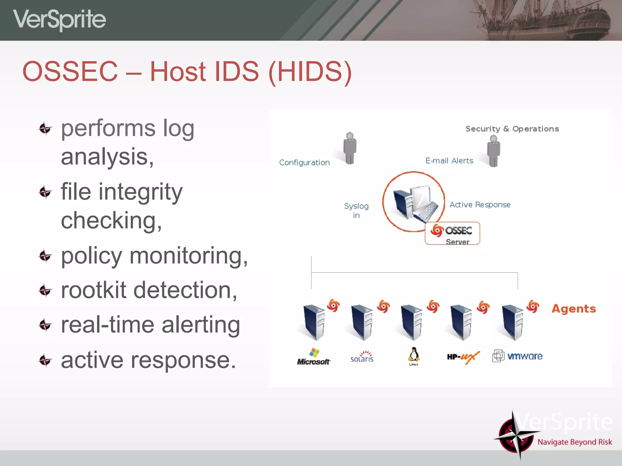 OSSEC – Host IDS (HIDS)
  performs log
analysis,
  file integrity
checking,
  policy monitoring,
  rootkit detection,
  real-time alerting
  active response.
 