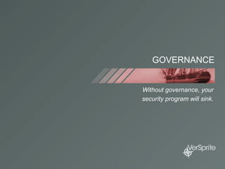 GOVERNANCE
Without governance, your
security program will sink.
 