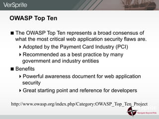OWASP Top Ten
! The OWASP Top Ten represents a broad consensus of
what the most critical web application security flaws are.
" Adopted by the Payment Card Industry (PCI)
" Recommended as a best practice by many
government and industry entities
! Benefits
" Powerful awareness document for web application
security
" Great starting point and reference for developers
http://www.owasp.org/index.php/Category:OWASP_Top_Ten_Project
 