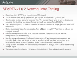 SPARTA v1.0.2 Network Infra Testing
  Run nmap from SPARTA or import nmap XML output.
  Transparent staged nmap: get results quickly and achieve thorough coverage.
  Configurable context menu for each service. You can configure what to run on discovered
services. Any tool that can be run from a terminal, can be run from SPARTA.
  You can run any script or tool on a service across all the hosts in scope, just with a click of
the mouse.
  Define automated tasks for services (ie. Run nikto on every HTTP service, or sslscan on
every ssl service).
  Default credentials check for most common services. Of course, this can also be
configured to run automatically.
  Identify password reuse on the tested infrastructure. If any usernames/passwords are
found by Hydra they are stored in internal wordlists which can then be used on other
targets in the same network (breaking news: sysadmins reuse passwords).
  Ability to mark hosts that you have already worked on so that you don’t waste time looking
at them again.
  Website screenshot taker so that you don’t waste time on less interesting web servers.
 