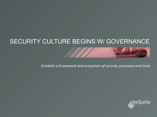 SECURITY CULTURE BEGINS W/ GOVERNANCE
Establish	
  a	
  framework	
  and	
  ecosystem	
  of	
  security	
  processes	
  and	
  tools.	
  
 