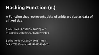 Hashing Function (n.)
A Function that represents data of arbitrary size as data of
a fixed size.
$ echo 'Hello POSSCON 2015!' | md5
81ad0b0ba5f98e0f584c1cd9a2c324a3
$ echo 'Hello POSSCON 2015' | md5
0c9c470f340aedaba625908939ba3c7b
 
