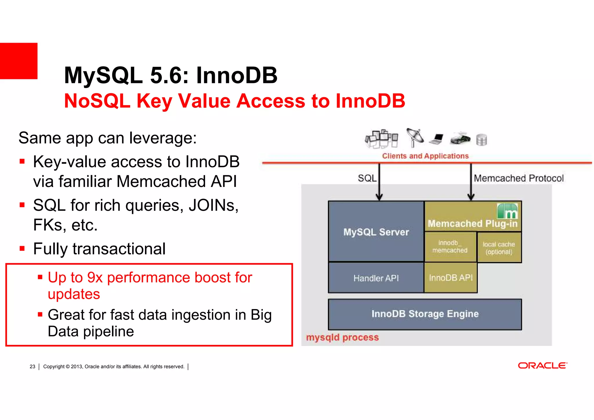 MySQL 5.6: InnoDB
               NoSQL Key Value Access to InnoDB
Same app can leverage:
 Key-value access to InnoDB
 via familiar Memcached API
 SQL for rich queries, JOINs,
 FKs, etc.
 Fully transactional
        Up to 9x performance boost for
        updates
        Great for fast data ingestion in Big
        Data pipeline

 23   Copyright © 2013, Oracle and/or its affiliates. All rights reserved.
 
