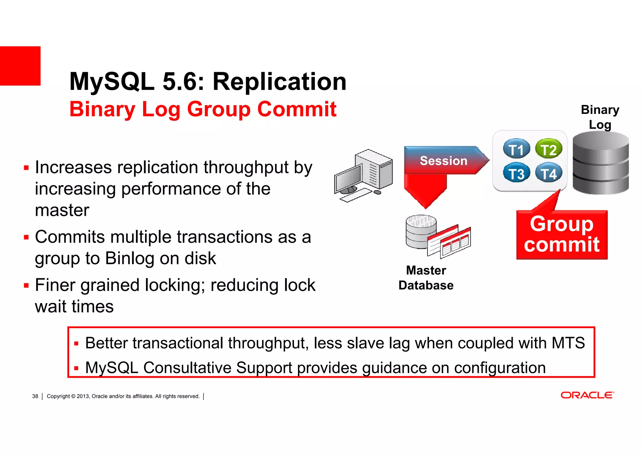 MySQL 5.6: Replication
              Binary Log Group Commit                                                              Binary
                                                                                                    Log

                                                                                         T1   T2
                                                                               Session
Increases replication throughput by                                                      T3   T4
increasing performance of the
master
                                                                                           Group
Commits multiple transactions as a                                                        commit
group to Binlog on disk
                                                                             Master
Finer grained locking; reducing lock                                        Database
wait times

                     Better transactional throughput, less slave lag when coupled with MTS
                     MySQL Consultative Support provides guidance on configuration
38   Copyright © 2013, Oracle and/or its affiliates. All rights reserved.
 