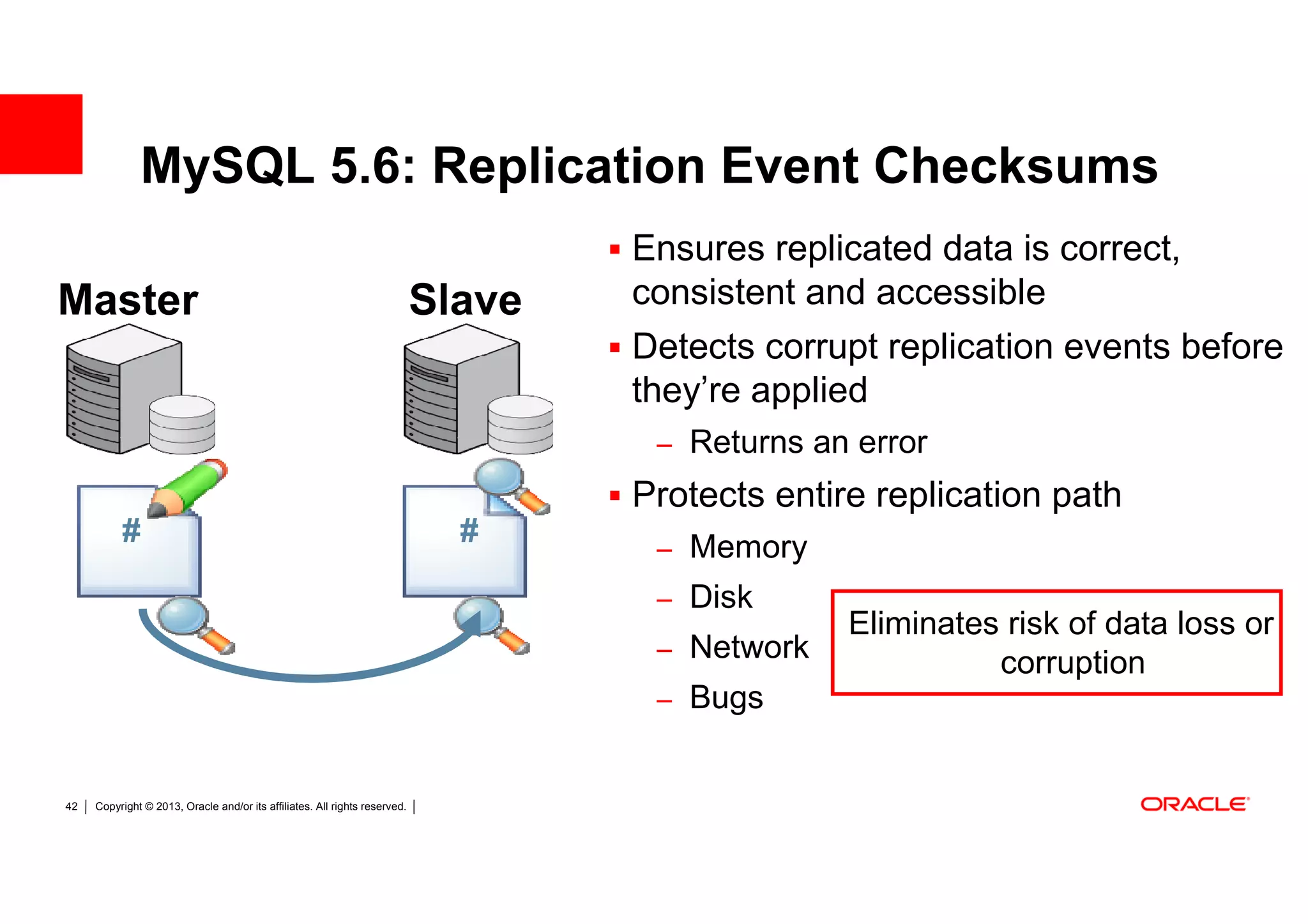 MySQL 5.6: Replication Event Checksums
                                                                                    Ensures replicated data is correct,
Master                                                                      Slave   consistent and accessible
                                                                                    Detects corrupt replication events before
                                                                                    they’re applied
                                                                                     – Returns an error
                                                                                    Protects entire replication path
          #                                                                   #      – Memory
                                                                                     – Disk
                                                                                                  Eliminates risk of data loss or
                                                                                     – Network
                                                                                                            corruption
                                                                                     – Bugs


42   Copyright © 2013, Oracle and/or its affiliates. All rights reserved.
 