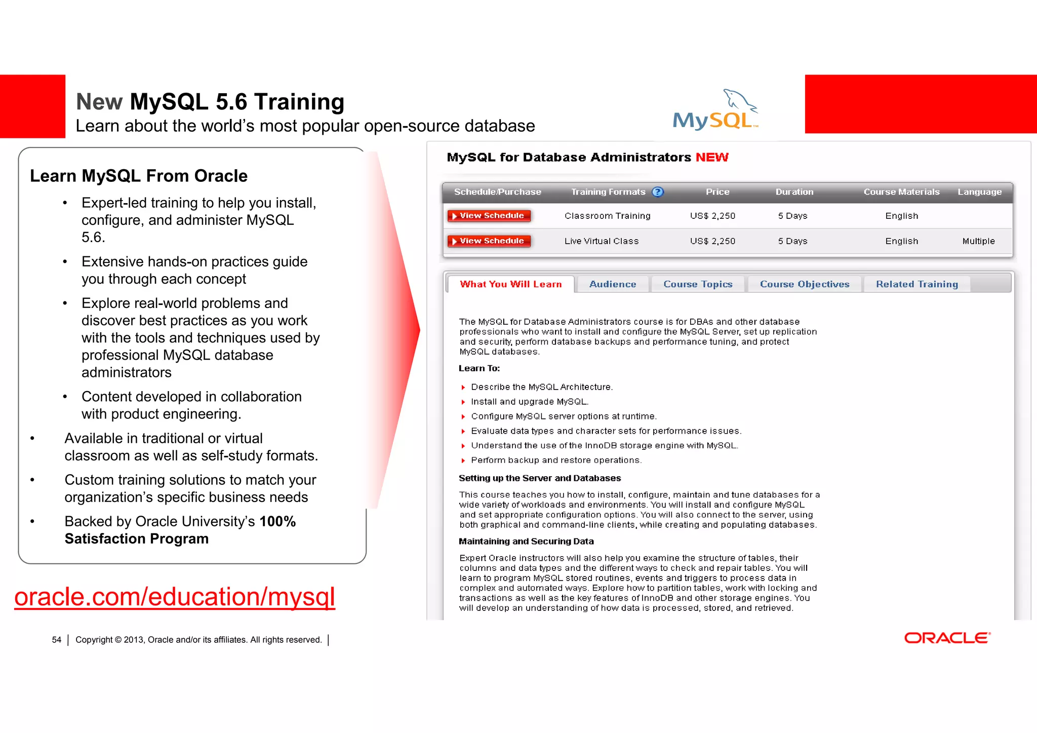 New MySQL 5.6 Training
            Learn about the world’s most popular open-source database

 Learn MySQL From Oracle
          • Expert-led training to help you install,
            configure, and administer MySQL
            5.6.
          • Extensive hands-on practices guide
            you through each concept
          • Explore real-world problems and
            discover best practices as you work
            with the tools and techniques used by
            professional MySQL database
            administrators
          • Content developed in collaboration
            with product engineering.
 •        Available in traditional or virtual
          classroom as well as self-study formats.
 •        Custom training solutions to match your
          organization’s specific business needs
 •        Backed by Oracle University’s 100%
          Satisfaction Program



oracle.com/education/mysql
     54     Copyright © 2013, Oracle and/or its affiliates. All rights reserved.
 