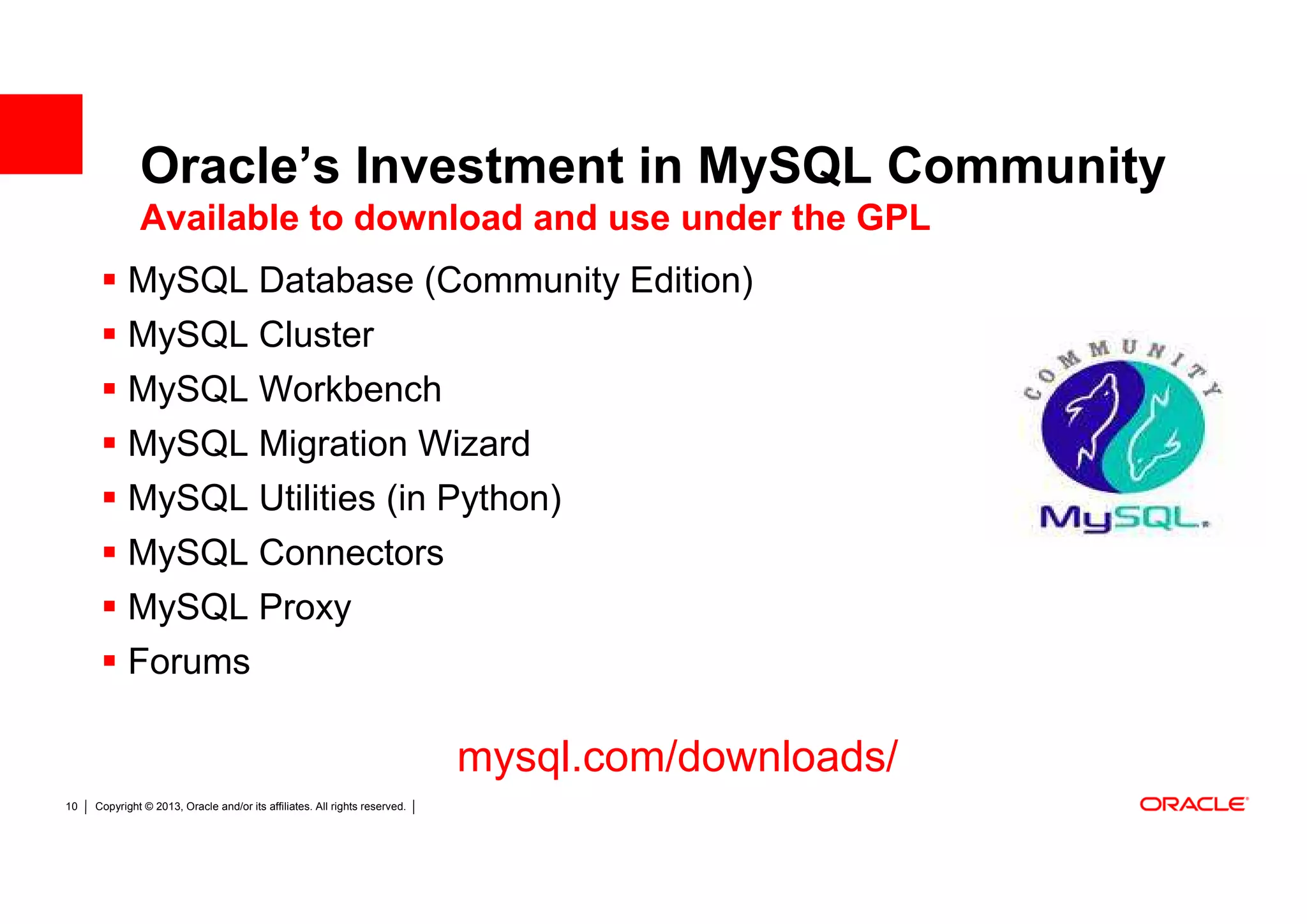 Oracle’s Investment in MySQL Community
              Available to download and use under the GPL
            MySQL Database (Community Edition)
            MySQL Cluster
            MySQL Workbench
            MySQL Migration Wizard
            MySQL Utilities (in Python)
            MySQL Connectors
            MySQL Proxy
            Forums

                                                                            mysql.com/downloads/
10   Copyright © 2013, Oracle and/or its affiliates. All rights reserved.
 
