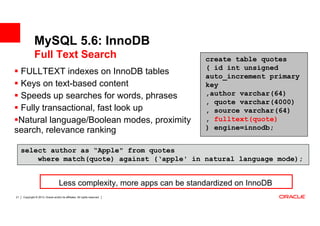 MySQL 5.6: InnoDB
              Full Text Search                                              create table quotes
                                                                            ( id int unsigned
 FULLTEXT indexes on InnoDB tables                                          auto_increment primary
 Keys on text-based content                                                 key
 Speeds up searches for words, phrases                                      ,author varchar(64)
                                                                            , quote varchar(4000)
 Fully transactional, fast look up                                          , source varchar(64)
 Natural language/Boolean modes, proximity                                  , fulltext(quote)
search, relevance ranking                                                   ) engine=innodb;


     select author as “Apple" from quotes
         where match(quote) against (‘apple' in natural language mode);


                                    Less complexity, more apps can be standardized on InnoDB
21   Copyright © 2013, Oracle and/or its affiliates. All rights reserved.
 