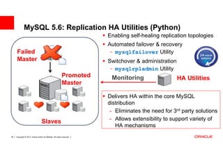 MySQL 5.6: Replication HA Utilities (Python)
                                                                            Enabling self-healing replication topologies
                                                                            Automated failover & recovery
      Failed                                                                - mysqlfailover Utility
      Master                                                                Switchover & administration
                                                                            - mysqlrpladmin Utility
                                                               Promoted      Monitoring                   HA Utilities
                                                               Master

                                                                            Delivers HA within the core MySQL
                                                                            distribution
                                                                             - Eliminates the need for 3rd party solutions
                                                                             - Allows extensibility to support variety of
                                     Slaves
                                                                               HA mechanisms
36   Copyright © 2013, Oracle and/or its affiliates. All rights reserved.
 