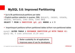 MySQL 5.6: Improved Partitioning
 Up to 8k partitions/sub-partitions per table
 Explicit partition selection in queries, DML (SELECT, INSERT, UPDATE,
DELETE, REPLACE, LOAD DATA, LOAD XML)
SELECT * FROM t PARTITION (p0, p1) WHERE c < 5

      Import/export partitions to/from partitioned tables to/from non-partitioned tables
mysql> ALTER TABLE t EXCHANGE PARTITION p0 WITH TABLE t2;
Query OK, 0 rows affected (0.28 sec)


                                                           Better scalability for all applications
                                                           Improves ease of use for developers
49   Copyright © 2013, Oracle and/or its affiliates. All rights reserved.
 