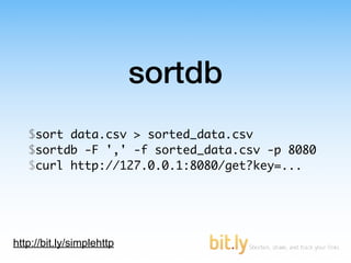 sortdb
   $sort data.csv > sorted_data.csv
   $sortdb -F ',' -f sorted_data.csv -p 8080
   $curl http://127.0.0.1:8080/get?key=...




http://bit.ly/simplehttp
 