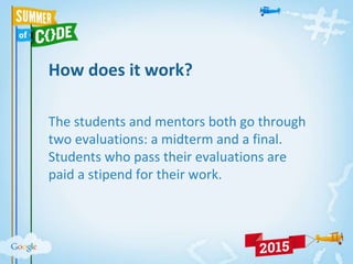 How does it work?
The students and mentors both go through
two evaluations: a midterm and a final.
Students who pass their evaluations are
paid a stipend for their work.
 
