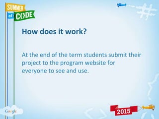 How does it work?
At the end of the term students submit their
project to the program website for
everyone to see and use.
 