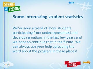 Some interesting student statistics
We’ve seen a trend of more students
participating from underrepresented and
developing nations in the last few years and
we hope to continue that in the future. We
can always use your help spreading the
word about the program in these places!
 