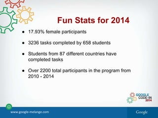 Fun Stats for 2014
● 17.93% female participants
● 3236 tasks completed by 658 students
● Students from 87 different countries have
completed tasks
● Over 2200 total participants in the program from
2010 - 2014
www.google-melange.com
 