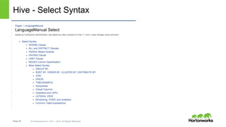 Page 28 © Hortonworks Inc. 2011 – 2014. All Rights Reserved
Hive - Select Syntax
 