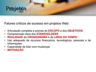 Projetos

Fatores críticos de sucesso em projetos Web:

• Articulação completa e precisa do ESCOPO e dos OBJETIVOS
• Compreensão clara dos STAKEHOLDERS
• REALIDADE do CRONOGRAMA e da LINHA DO TEMPO
• Uso adequado de recursos financeiros, tecnologicos, pessoais e de
  informações
• Capacidade de lidar com mudanças
• MOTIVAÇÃO
 