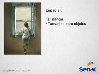 Copyright © Prof. Me. Alexandre Rodriguez 2016
Espacial:
• Distância
• Tamanho entre objetos
 