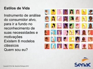 Copyright © Prof. Me. Alexandre Rodriguez 2016
Estilos de Vida
Instrumento de análise
do consumidor alvo,
para ir a fundo no
reconhecimento de
suas necessidades e
motivações
Existem 8 modelos
clássicos
Quem sou eu?
 