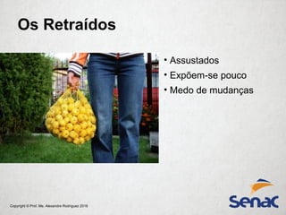 Copyright © Prof. Me. Alexandre Rodriguez 2016
• Assustados
• Expõem-se pouco
• Medo de mudanças
Os Retraídos
 