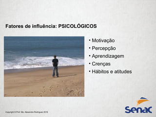 Copyright © Prof. Me. Alexandre Rodriguez 2016
• Motivação
• Percepção
• Aprendizagem
• Crenças
• Hábitos e atitudes
Fatores de influência: PSICOLÓGICOS
 