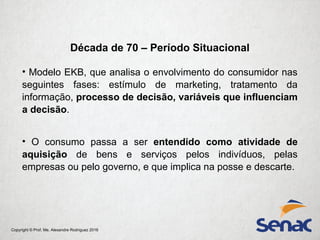 Copyright © Prof. Me. Alexandre Rodriguez 2016
Década de 70 – Período Situacional
• Modelo EKB, que analisa o envolvimento do consumidor nas
seguintes fases: estímulo de marketing, tratamento da
informação, processo de decisão, variáveis que influenciam
a decisão.
• O consumo passa a ser entendido como atividade de
aquisição de bens e serviços pelos indivíduos, pelas
empresas ou pelo governo, e que implica na posse e descarte.
 