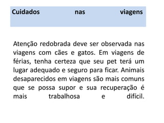 Cuidados             nas            viagens



Atenção redobrada deve ser observada nas
viagens com cães e gatos. Em viagens de
férias, tenha certeza que seu pet terá um
lugar adequado e seguro para ficar. Animais
desaparecidos em viagens são mais comuns
que se possa supor e sua recuperação é
mais        trabalhosa      e        difícil.
 