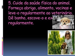 5. Cuide da saúde física do animal.
Forneça abrigo, alimento, vacinas e
leve-o regularmente ao veterinário.
Dê banho, escove-o e exercite-o
regularmente.
 