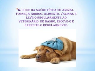 *5. Cuide da saúde física do animal.
Forneça abrigo, alimento, vacinas e
     leve-o regularmente ao
 veterinário. Dê banho, escove-o e
    exercite-o regularmente.
 